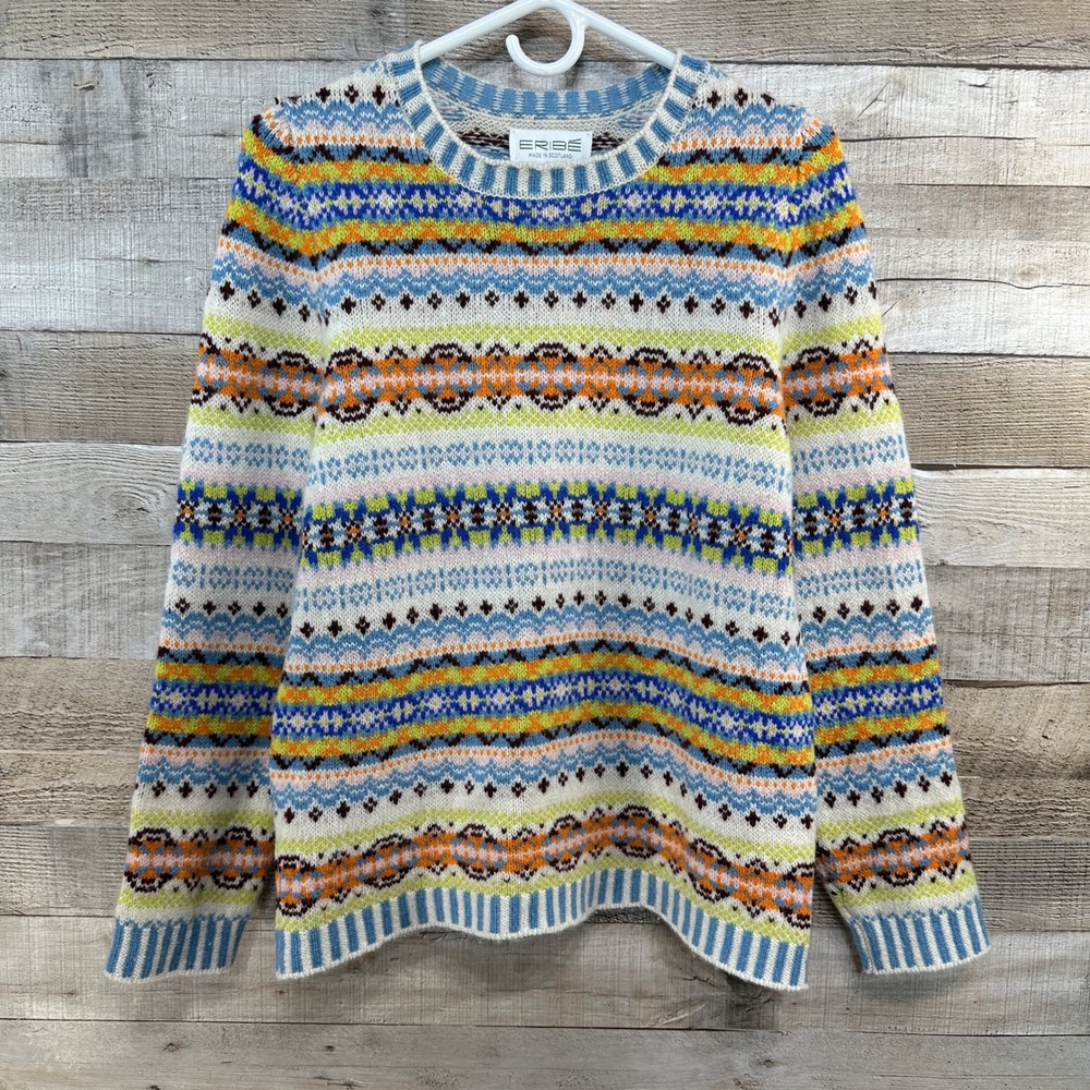 ERIBE Kinross Womens 100% Lambswool Fair Isle Sweater‎ Made in Scotland Large